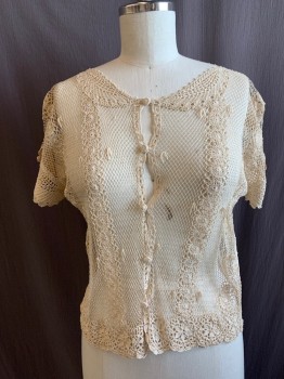 LIM'S , Cream, Cotton, Solid, Floral, Cardigan, Short Sleeves, Boat Neck, 5 Button Front, Floral Crochet