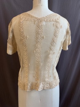 LIM'S , Cream, Cotton, Solid, Floral, Cardigan, Short Sleeves, Boat Neck, 5 Button Front, Floral Crochet