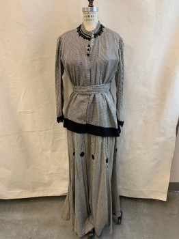 Womens, Dress, Piece 1, 1890s-1910s, NL, Black, White, Cotton, Check , B.36, Blouse - L/S,  Black Lace Around Cuffs & Neckline, White Lace Around Collar, Black Edge at Bottom, Belt Attached Secured By Hooks, Attached Button Down Undershirt