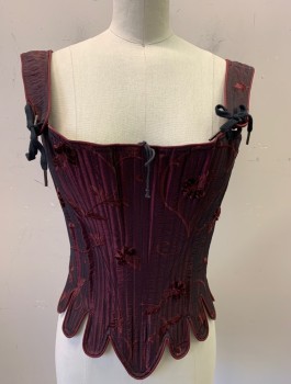 Womens, Historical Fiction Corset, PERIOD CORSETS, Red Burgundy, Silk, Floral, Leaves/Vines , W21-24, XS, Brocade, 2" Wide Straps That Tie In Front, Boned, Tabs At Waist, Lace Up In Back, Made To Order