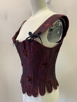 PERIOD CORSETS, Red Burgundy, Silk, Floral, Leaves/Vines , Brocade, 2" Wide Straps That Tie In Front, Boned, Tabs At Waist, Lace Up In Back, Made To Order