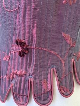PERIOD CORSETS, Red Burgundy, Silk, Floral, Leaves/Vines , Brocade, 2" Wide Straps That Tie In Front, Boned, Tabs At Waist, Lace Up In Back, Made To Order