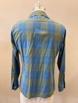 Mens, Shirt, ARROW, 14.5, 14/, Medium Blue/Olive And Orange Plaid, Pressed Open Collar, L/S, B.F., 1 Pckt,