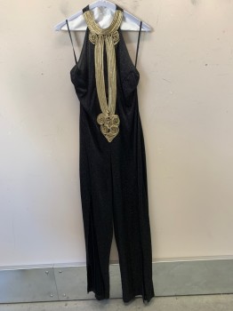 Womens, Jumpsuit, E STYLE SPIESEL, Black, Gold, Polyester, Dots, 16, Halter, Slvls, Gold Keyhole at Bust, Netting Under Keyhole, Gold Glitter Dots, 6 Straps at Back, 2 Buttons at Back of Neck, Slits at Front of Legs