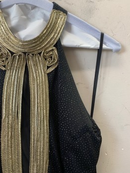 Womens, Jumpsuit, E STYLE SPIESEL, Black, Gold, Polyester, Dots, 16, Halter, Slvls, Gold Keyhole at Bust, Netting Under Keyhole, Gold Glitter Dots, 6 Straps at Back, 2 Buttons at Back of Neck, Slits at Front of Legs