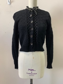 Womens, Sweater, MTO, Black, Cream, Wool, Solid, B32, CARDIGAN, Black and Cream Braided Band Collar, Snap Closures, 6 Buttons Down Front, Drawstring Tie at Neck *Right Cuff is Unravelling*