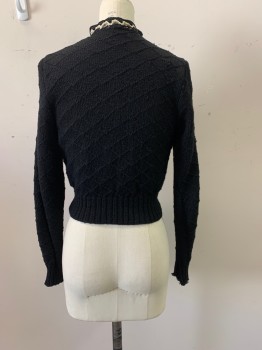 Womens, Sweater, MTO, Black, Cream, Wool, Solid, B32, CARDIGAN, Black and Cream Braided Band Collar, Snap Closures, 6 Buttons Down Front, Drawstring Tie at Neck *Right Cuff is Unravelling*