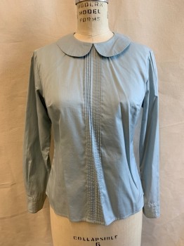Womens, Blouse, MTO, Lt Blue, Cotton, Solid, B 34, Sateen, Button Down Back, Peter Pan Collar, Long Sleeves with Button Cuffs, Pin Tucks Center Front, Light Shoulder Burn, Multiple