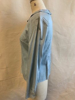 MTO, Lt Blue, Cotton, Solid, Sateen, Button Down Back, Peter Pan Collar, Long Sleeves with Button Cuffs, Pin Tucks Center Front, Light Shoulder Burn, Multiple