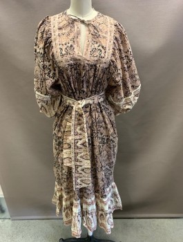 Womens, Dress, Long & 3/4 Sleeve, CLEOBELLA, Brown, Black, Cream, Pink, Gold, Cotton, Medallion Pattern, XS, Boho Chic, Tie Front Neck, with Belt,Single Button Closure at CB.