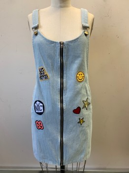Womens, Dress, Sleeveless, BOOHOO, Baby Blue, Multi-color, Cotton, Novelty Pattern, Sz.4, Overall Dress, Corduroy Texture, Random Patches, Zip Front, Side Pockets, Hem Above Knee
