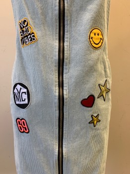 Womens, Dress, Sleeveless, BOOHOO, Baby Blue, Multi-color, Cotton, Novelty Pattern, Sz.4, Overall Dress, Corduroy Texture, Random Patches, Zip Front, Side Pockets, Hem Above Knee