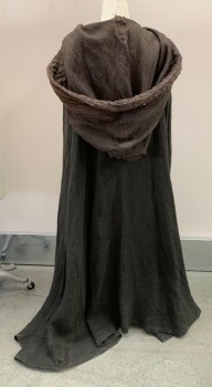 Unisex, Historical Fiction Cape, MTO, Tobacco Brown, Brown, Burlap, Cotton, Solid, Color Blocking, Aged, Voluminous Hood. Trim Of Mixed Brown Fabrics, Raw Hem In Front, Finished In Back, Thinning Spot At CB Neck Edge, Leather Appliques At Front Neck For Ties, Small Hole Left Back Hem