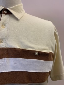 CASUAL JOE, Cream, Brown, Multi-color, Cotton, Stripes, Color Blocking, 4 Bttns, S/S, 1 Pckt, White And Brown Stripes, Taupe Bottom, Lt Brown Hem, *Some Faded Stains On Front*