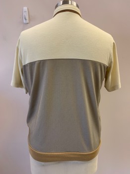 Mens, Polo Shirt, CASUAL JOE, Cream, Brown, Multi-color, Cotton, Stripes, Color Blocking, 46, XXL , 4 Bttns, S/S, 1 Pckt, White And Brown Stripes, Taupe Bottom, Lt Brown Hem, *Some Faded Stains On Front*