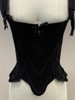 Womens, Historical Fiction Corset, NO LABEL, Black, Brown, Cotton, Zig-Zag , W26, B32, Shoulder Straps With Front Ties, Sweetheart Neckline, Boning, Front And Back Lace, Made To Order,