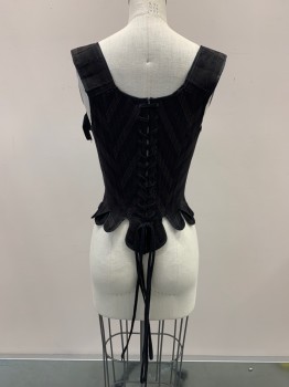 Womens, Historical Fiction Corset, NO LABEL, Black, Brown, Cotton, Zig-Zag , W26, B32, Shoulder Straps With Front Ties, Sweetheart Neckline, Boning, Front And Back Lace, Made To Order,