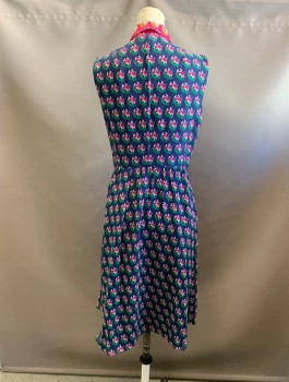 Womens, Dress, Sleeveless, DVF, Navy Blue, Green, Hot Pink, White, Rayon, Polyester, Floral, Color Blocking, 4, C.A., Button Front, S/S, Vertical Pleats On Front, Gathered At Waist, Hem Below Knee