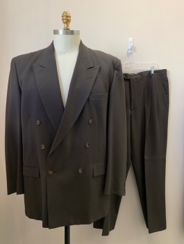 Mens, Suit, Jacket, DORIANI, Dk Brown, Wool, Solid, 6 Buttons, Double Breasted, Peaked Lapel, 3 Pockets