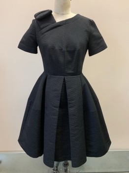 ORLA KIELY, Black, Polyester, Cotton, Solid, S/S, V Neck, Side Bow, Pleated Skirt, Back Zipper, Texture Fabric