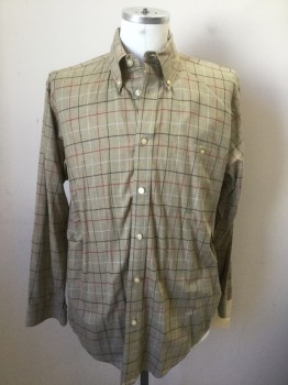 ORVIS, Tan Brown, Black, Gray, Red, Cotton, Solid, Check , Long Sleeves, Button Front, Oxford Collar, Left Brest Pocket with Button, Solid Tand with Red Black and White Check Lines
