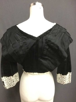 N/L, Black, Antique White, Silk, Lace, Solid, Inverted Pleats From Shoulders To Hem Back and Front, 3/4 Sleeve with Cream Lace Cuff, Hook & Eye Off Center Front, Scoop Neck Front, V Back, Ribboon Swirls, Cream Corset Attached Underneath Boned and Hook & Eye Closures *Authentic*,