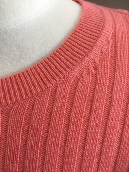 Mens, Pullover Sweater, BANANA REPUBLIC, Salmon Pink, Wool, Rayon, Solid, L, Bright Salmon Ribbed Knit, Long Sleeves, Deep Crew Neck