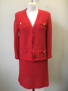 CASTLEBERRY, Red, Acrylic, Polyester, Solid, Novelty Knit, Hook & Eyes Front, L/S, 4 Faux Pockets with Gold Knot Buttons, Shoulder Pads