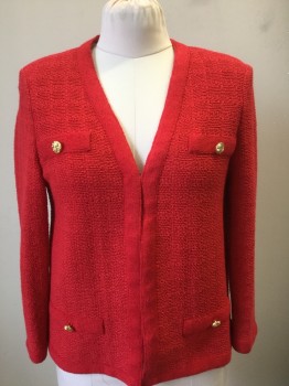 Womens, 1980s Vintage, Suit, Jacket, CASTLEBERRY, Red, Acrylic, Polyester, Solid, B 38, Novelty Knit, Hook & Eyes Front, L/S, 4 Faux Pockets with Gold Knot Buttons, Shoulder Pads