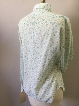 Womens, Blouse, KERKO, White, Turquoise Blue, Lt Green, Polyester, Cotton, Floral, 38B, Button Front, Collar Attached, Long Sleeves with Exaggerated Cuffs