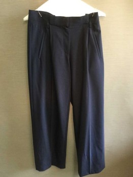 Womens, Slacks, & OTHER STORIES, Navy Blue, Polyester, Wool, Solid, 4, Navy Pleated Front, Pleated Waistband, Diagonal Half Welt Pockets, Small Belt Loops