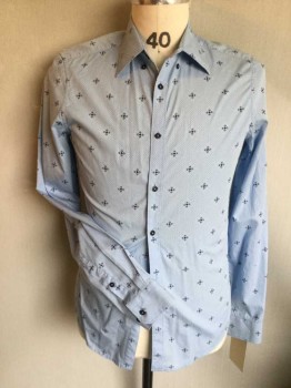 BEN SHERMAN, Baby Blue, Navy Blue, Cotton, Polka Dots, Diamonds, Baby Blue W/tiny Dots Diamond and Navy "+" W/4 Corners Outline Navy Diamond Print, Collar Attached, Button Front, Long Sleeves, See Photo Attached,