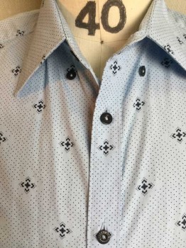 BEN SHERMAN, Baby Blue, Navy Blue, Cotton, Polka Dots, Diamonds, Baby Blue W/tiny Dots Diamond and Navy "+" W/4 Corners Outline Navy Diamond Print, Collar Attached, Button Front, Long Sleeves, See Photo Attached,