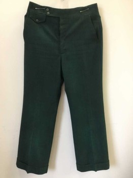 HAGGAR, Forest Green, Cotton, Polyester, Solid, Flat Front, Zip Fly, Tab Waist with 2 Buttons, Faux Watch Pocket Flap At Left Side Of Waist W/1 Decorative Button, 4 Pockets, Straight Leg, Cuffed Hem,
