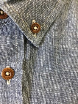 BEN SHERMAN, Denim Blue, Cotton, Chambray, Long Sleeve Button Front, Collar Attached, Button Down Collar, 1 Small Patch Pocket,  White Topstitching, Brown Buttons