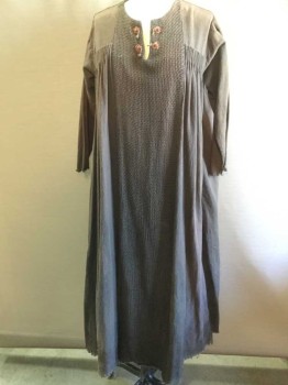 Espresso Brown, Cotton, Solid, Medieval Village Woman, Crew Neck, Slit Neck Opening with Leather Frogs, Channel Pleats At Yoke, Unfinished Hem, Coarse Weave Panel Center Front, Unfinished Cuffs, Made To Order,