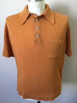Mens, Polo Shirt, TREND, Orange, Polyester, Solid, L, Textured Banlon Knit, Short Sleeve,  Collar Attached, 4 Buttons at Center Front Neck, 1 Pocket, Raglan Sleeve, Early 1970's