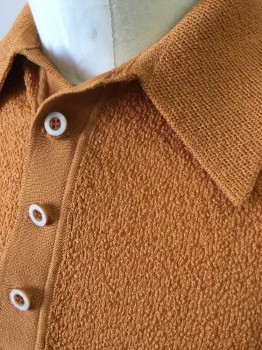 TREND, Orange, Polyester, Solid, Textured Banlon Knit, Short Sleeve,  Collar Attached, 4 Buttons at Center Front Neck, 1 Pocket, Raglan Sleeve, Early 1970's