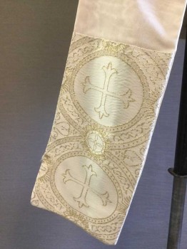 Unisex, Stole, N/L, Cream, Silk, Solid, O/S, Ribbed Knit Cream Silk, Lower Panels in Champagne with Gold Embroidery, Gold Chain