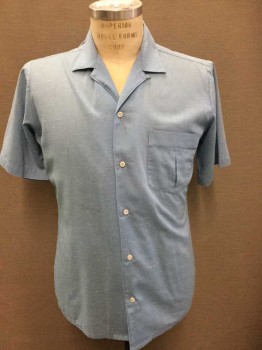 Mens, Casual Shirt, SEA ISLE BY ARROW, Lt Blue, White, Polyester, Cotton, M, Light Blue W/White Slubs Texture, Short Sleeve Button Front, 1 Pocket, Early 1980's