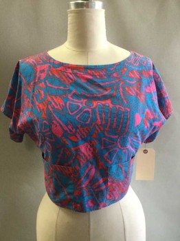 Womens, Top, Cherokee, Turquoise Blue, Pink, Red, Cotton, Floral, Abstract , Medium, Crop, Short Sleeve,  Front Pockets, Open Back, One Big Blue Button At Back Of Neck