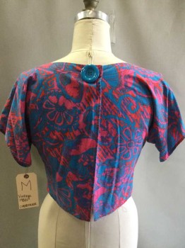 Cherokee, Turquoise Blue, Pink, Red, Cotton, Floral, Abstract , Crop, Short Sleeve,  Front Pockets, Open Back, One Big Blue Button At Back Of Neck