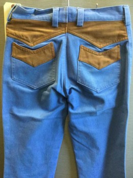 Mens, Jeans, MTO, Lt Blue, Brown, Cotton, Solid, Color Blocking, I:31, W30, Flat Front, Twill, 4 Patch Pocket, Ultra Suede Contrast Back Yoke And Tirms, Belt Loops, Raw Edge Hem