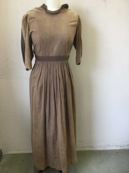 N/L, Lt Brown, Brown, Cotton, Dots, Solid, Light Brown with Dark Brown Tiny Circles Pattern, Solid Brown Accents, 3/4 Sleeves, Pleated Ruffle at Round Neck, Flat Felled Princess Seams, Gathered at Waist, Button Closures in Back, Floor Length Hem, Made To Order