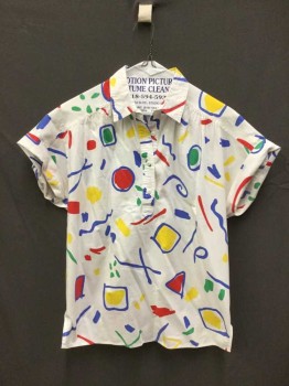 Womens, Top, CATHY DANIELS, White, Blue, Red, Yellow, Green, Cotton, Abstract , M, B36-40, Button Placket with Collar Attached, Short Sleeve, Barcode Behind Placket
