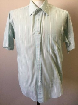 VAN HEUSEN, Lt Green, White, Gray, Polyester, Cotton, Stripes - Vertical , Stripes - Pin, Short Sleeve Button Front, Collar Attached, 1 Pocket