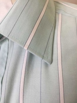 VAN HEUSEN, Lt Green, White, Gray, Polyester, Cotton, Stripes - Vertical , Stripes - Pin, Short Sleeve Button Front, Collar Attached, 1 Pocket