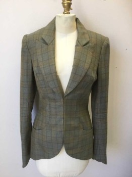 Womens, Blazer, N/L, Sage Green, Gray, Taupe, Mustard Yellow, Blue, Wool, Plaid-  Windowpane, W:28, B:36, Peaked Lapel, 3 Hook & Eye Closures, 2 Curved Hip Pockets, Victorian Inspired Fishtaill Hem with Pleat at Center Back, Made To Order