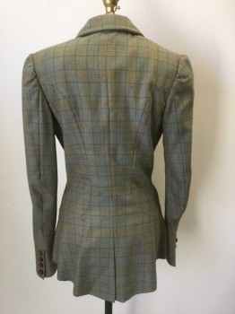 Womens, Blazer, N/L, Sage Green, Gray, Taupe, Mustard Yellow, Blue, Wool, Plaid-  Windowpane, W:28, B:36, Peaked Lapel, 3 Hook & Eye Closures, 2 Curved Hip Pockets, Victorian Inspired Fishtaill Hem with Pleat at Center Back, Made To Order