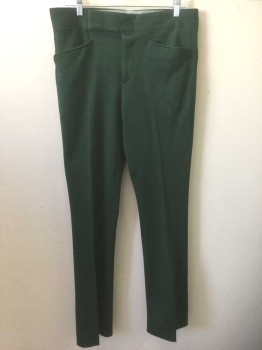 Mens, 1970s Vintage, Suit, Pants, EMPIRE STATE, Forest Green, Polyester, Geometric, I:Open, W:34, Self Geometric Textured, Zip Fly, Tab Waist, 4 Pockets, Slightly Boot Cut Leg,